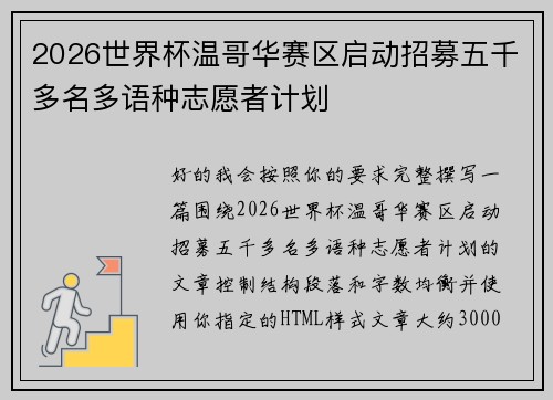 2026世界杯温哥华赛区启动招募五千多名多语种志愿者计划