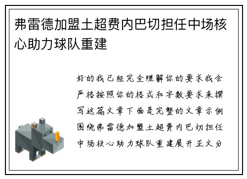 弗雷德加盟土超费内巴切担任中场核心助力球队重建
